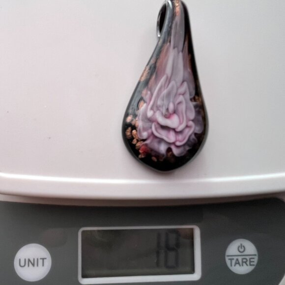 3D Pink Flower Dichroic Glass Pendant • Black & Gold • Sterling Italian Chain - Picture 9 of 14